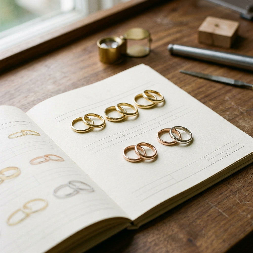 Solid gold wedding bands arranged on a trade line sheet at a jeweller's workbench.