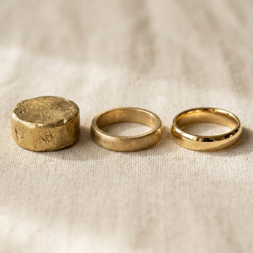 The three making stages of a solid gold wedding band on cream linen — a raw gold blank, a shaped matte band, and a polished finished ring.