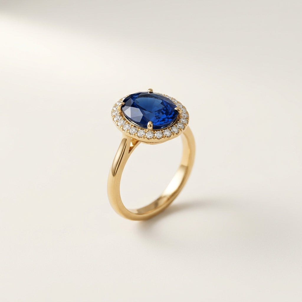 An oval natural blue sapphire ring framed by a round-diamond halo, set in a slim yellow gold band, standing upright on a soft ivory background.