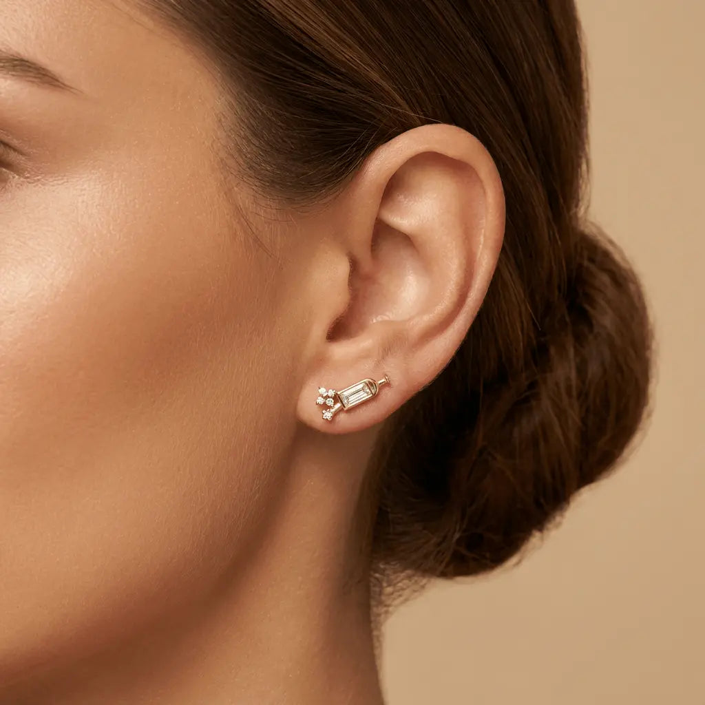 Baguette Bloom Stud – gold earrings in solid 14ct/14K gold by Majestic Jewellery