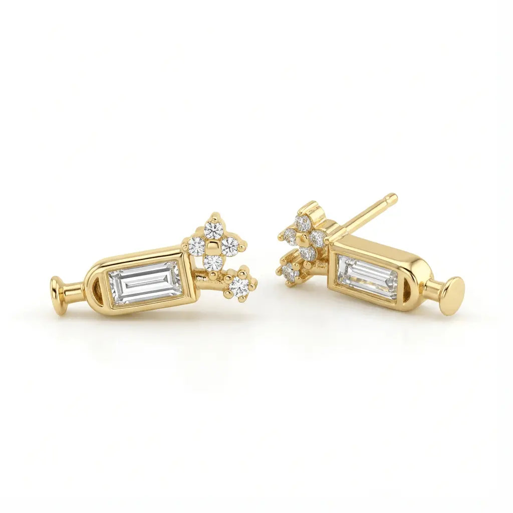 Baguette Bloom Stud Elegant Modern Geometry in solid gold earrings by Majestic Jewellery