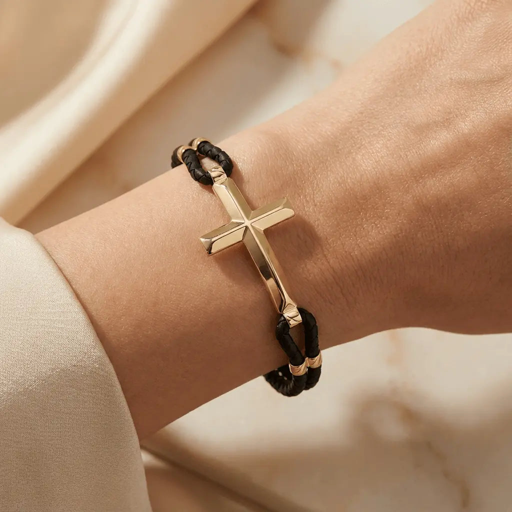 Bold Cross Braided – gold bracelet in solid 14ct/14K gold by Majestic Jewellery