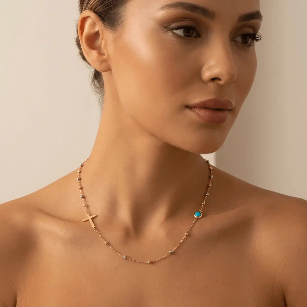 Cross Turquoise Accent – turquoise gold necklace in solid 14ct/14K gold by Majestic Jewellery