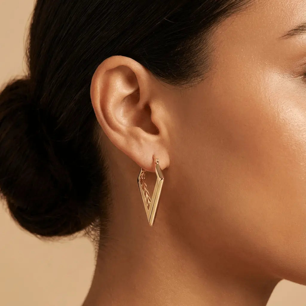 Geometric V Shaped Hoop – gold earrings in solid 14ct/14K gold by Majestic Jewellery