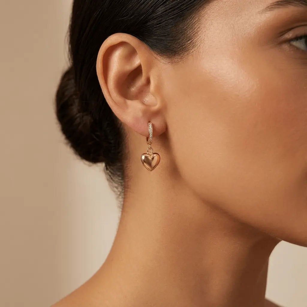 Golden Heart Drop Hoop – gold earrings in solid 14ct/14K gold by Majestic Jewellery