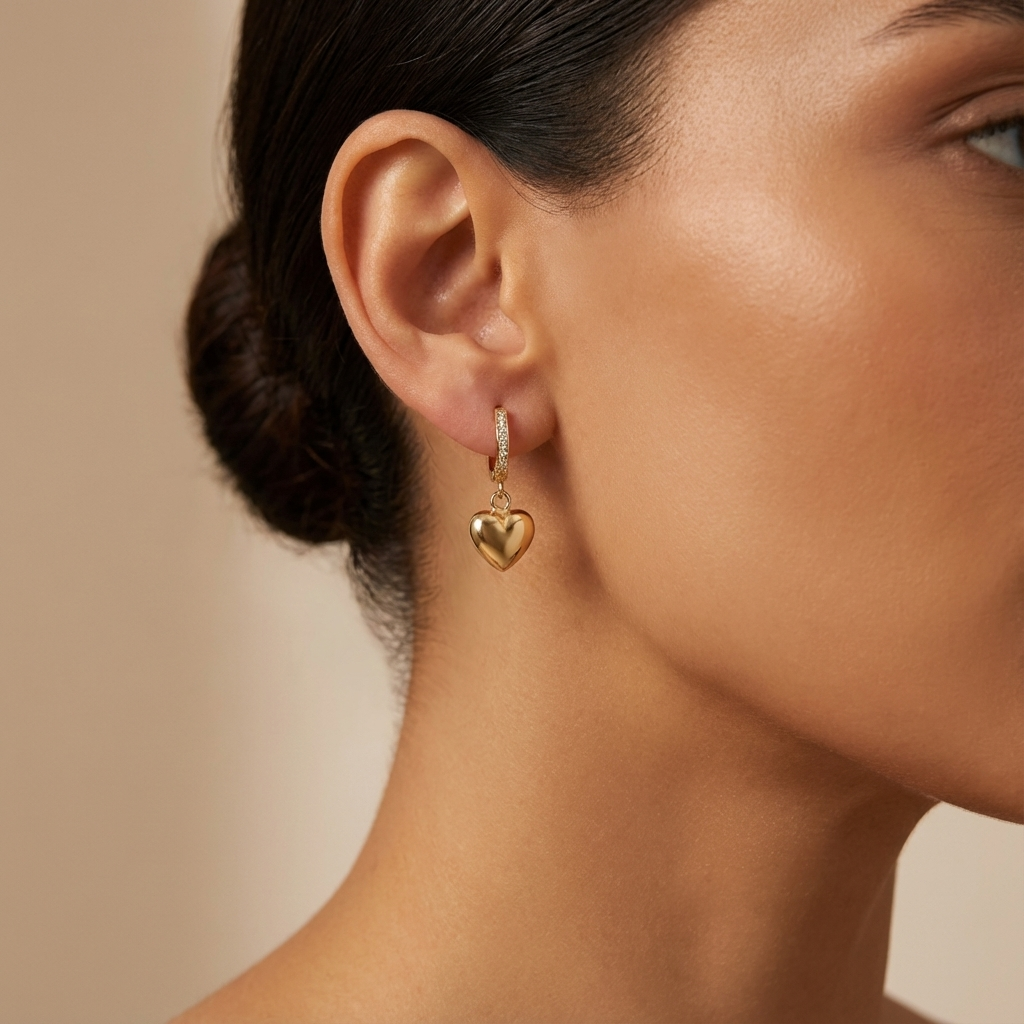 Golden Heart Drop Hoop Earrings – 14K Better Gold Elegant Heart Charm Earrings