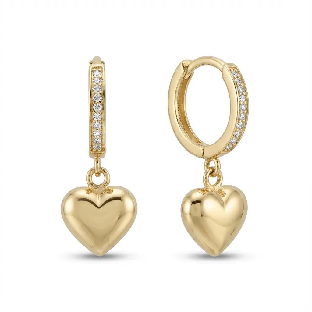 Gold earrings in solid 14ct/14K gold – Golden Heart Drop Hoop by Majestic Jewellery