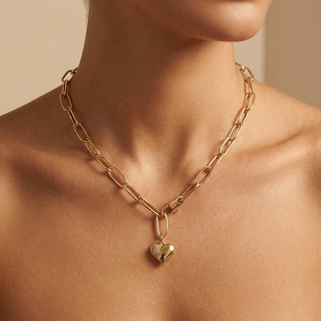 Golden Heart Link Chain Necklace – 14K Better Gold Statement Heart Pendant