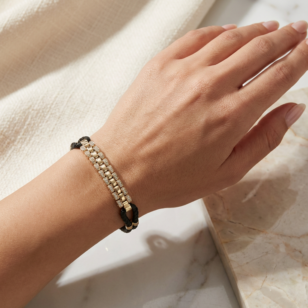 Golden Mosaic Braided Bracelet – 14K Better Gold Stone-Set Modern Design