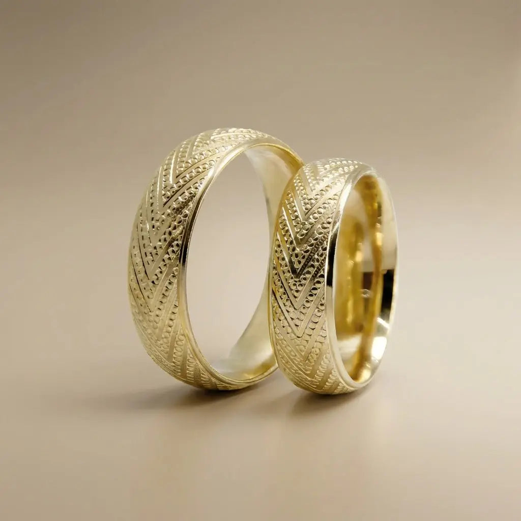 Chevron Texture 6mm gold wedding band by Majestic Jewellery