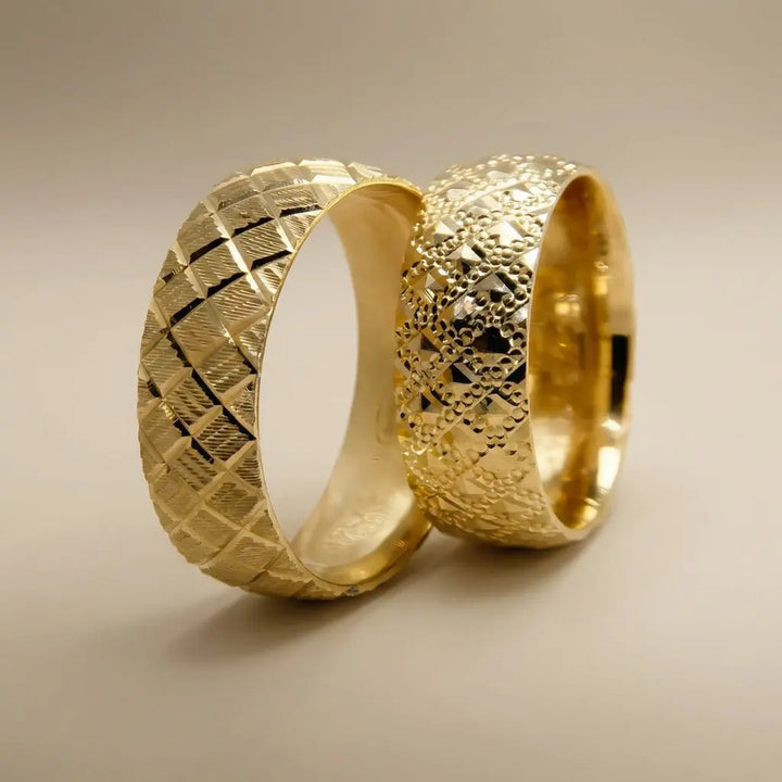 Cross Weave Faceted 7mm gold wedding band by Majestic Jewellery