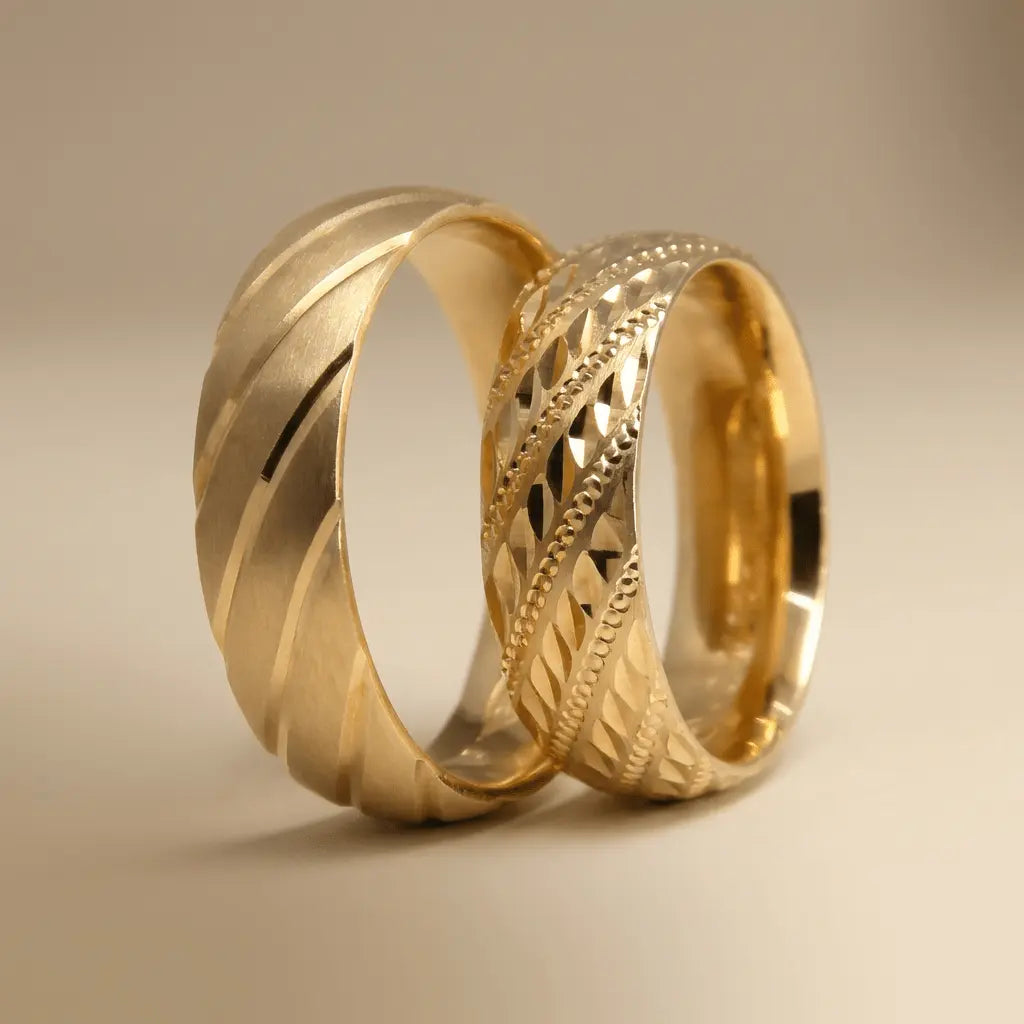 Diagonal Lattice Faceted 6mm gold wedding band by Majestic Jewellery