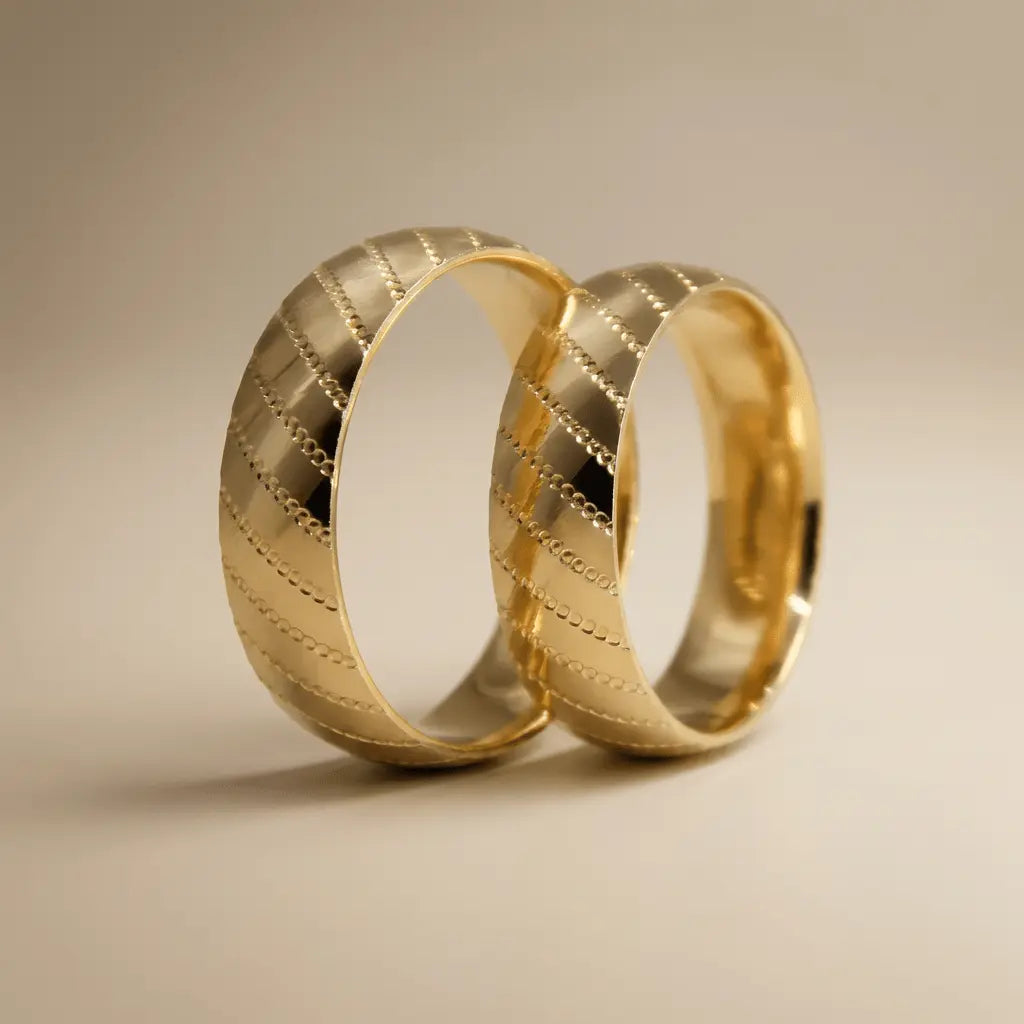 Diagonal Line Faceted 6mm gold wedding band by Majestic Jewellery
