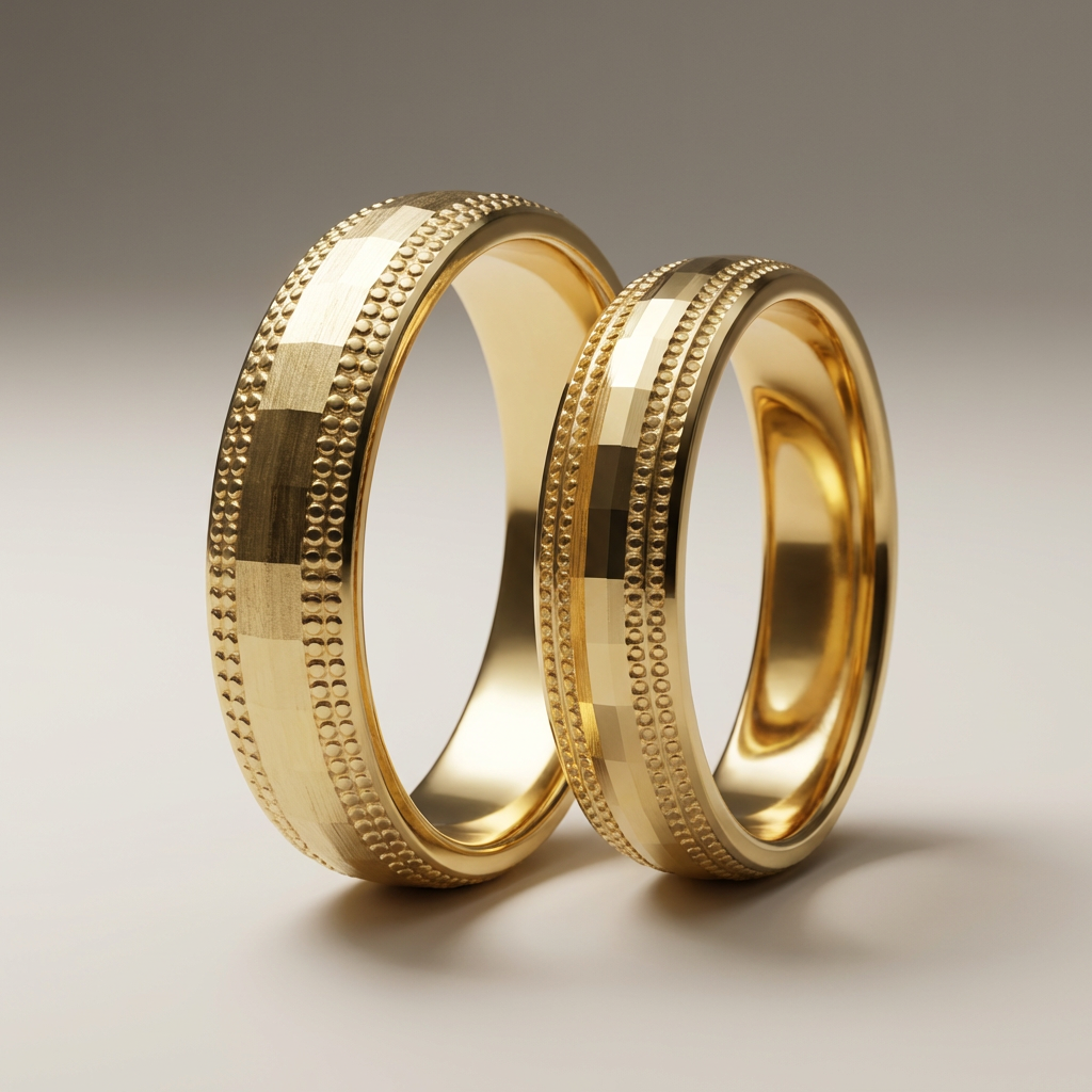 Majestätischer Ehering aus 14-karätigem Gold mit Diamantschliff und Milgrain-Verzierung – 5 mm