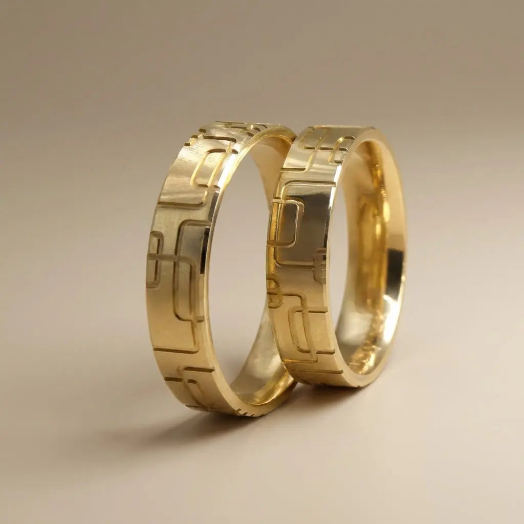 Majestic Geometric Block Pattern 14K Gold Wedding Band — 5mm - Majestic Jewellery