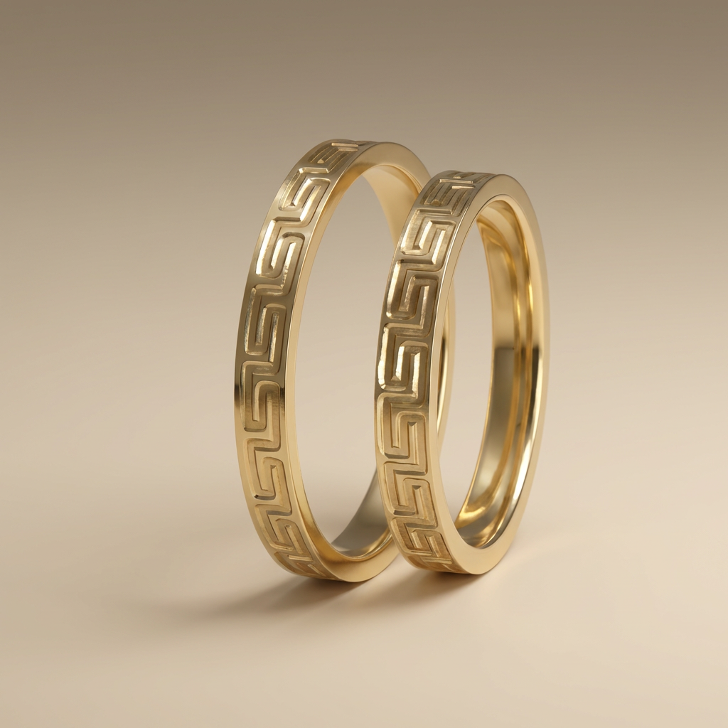 Majestätischer Ehering aus 14-karätigem Gold mit graviertem griechischem Mäandermuster – 3 mm