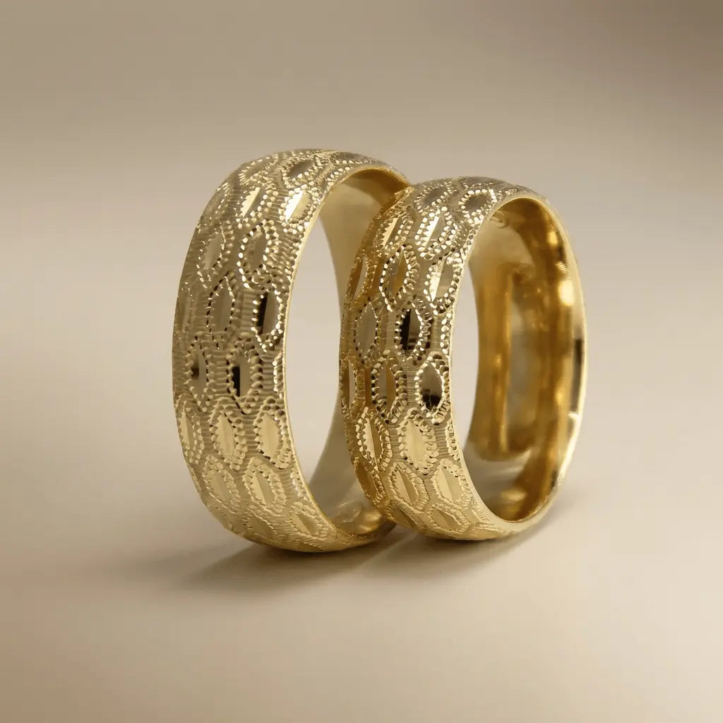 Honeycomb Texture 7mm gold wedding band by Majestic Jewellery