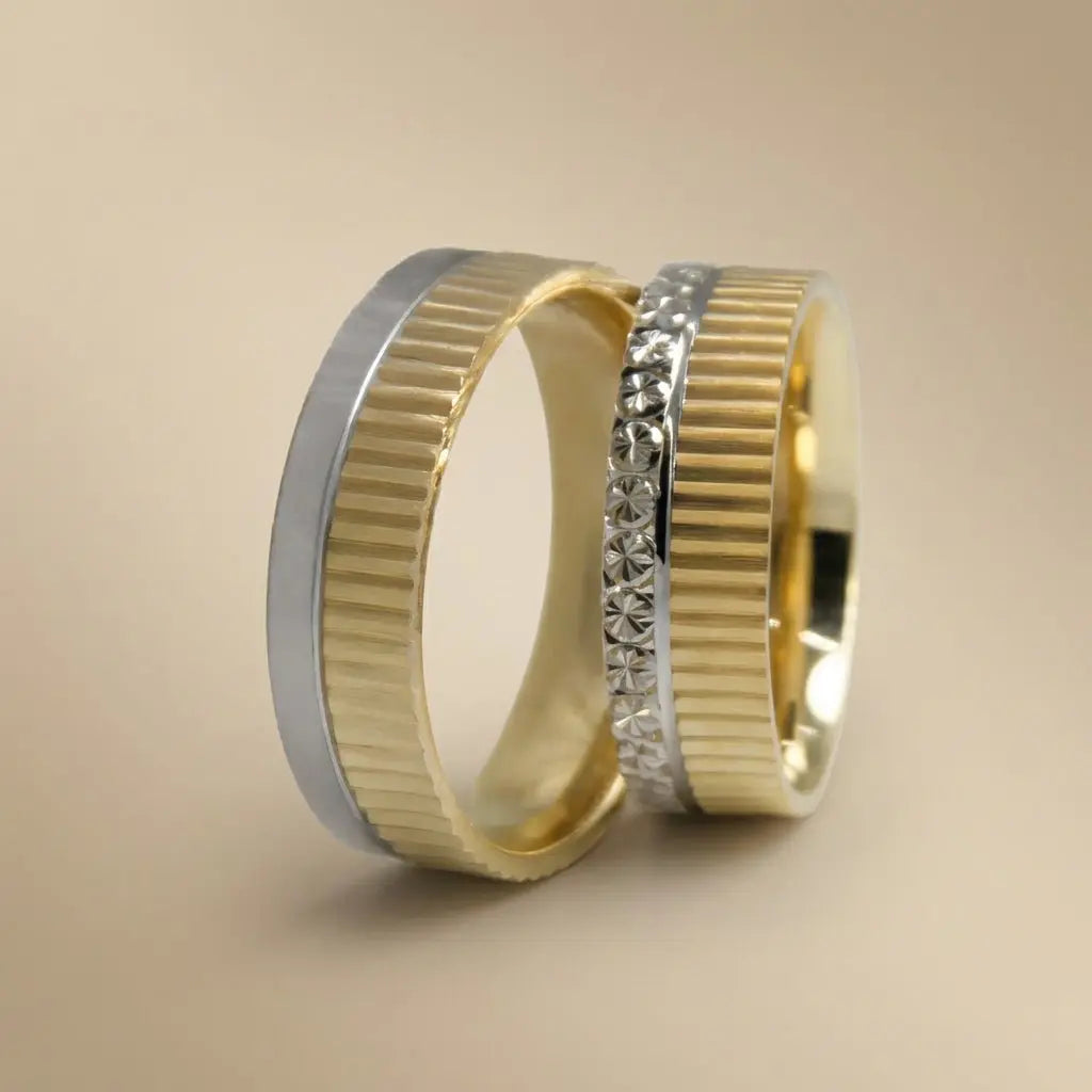 Ribbed Contrast Textured Detail 6mm gold wedding band by Majestic Jewellery