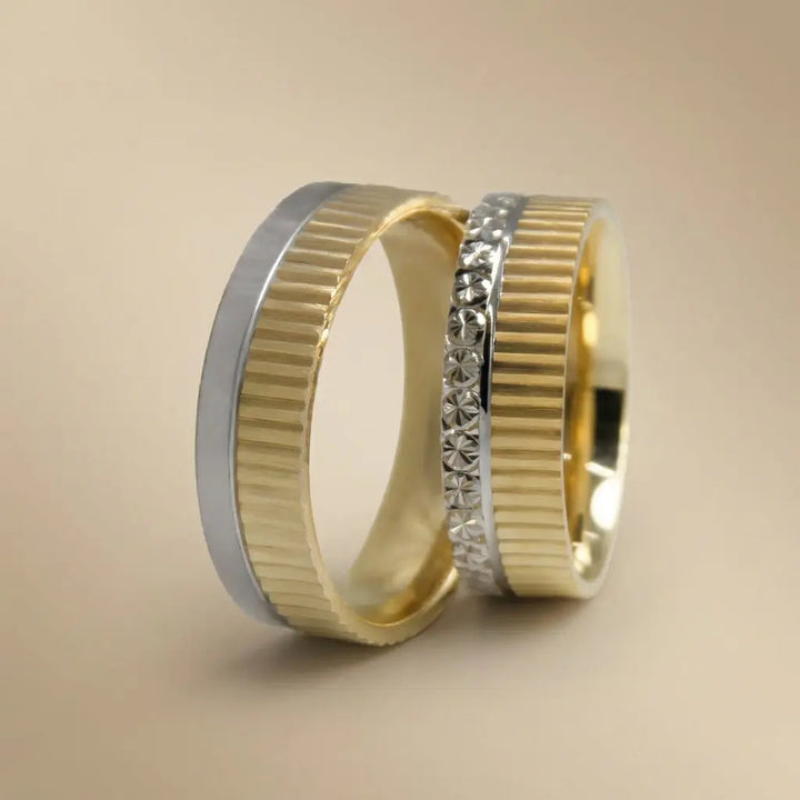 Ribbed Contrast Textured Detail 6mm gold wedding band by Majestic Jewellery