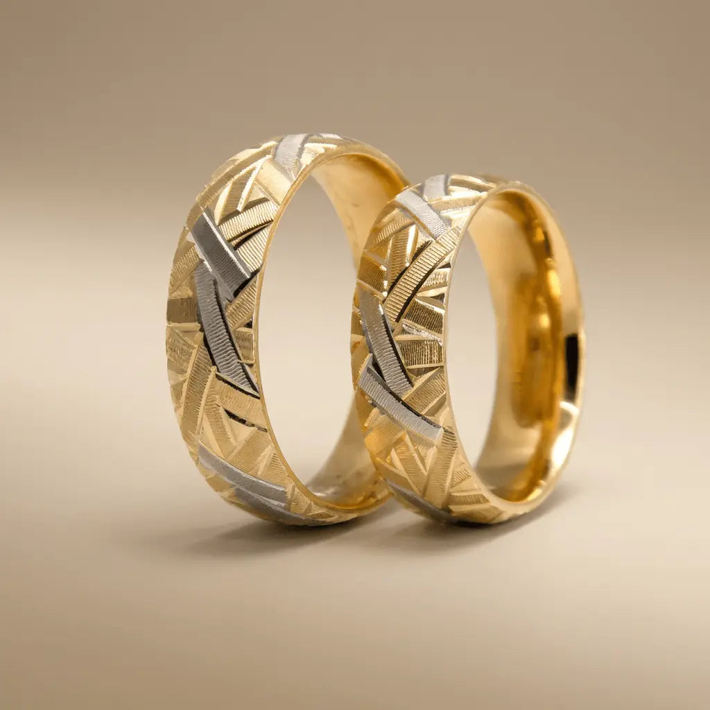 Star Cut Contrast 6mm gold wedding band by Majestic Jewellery