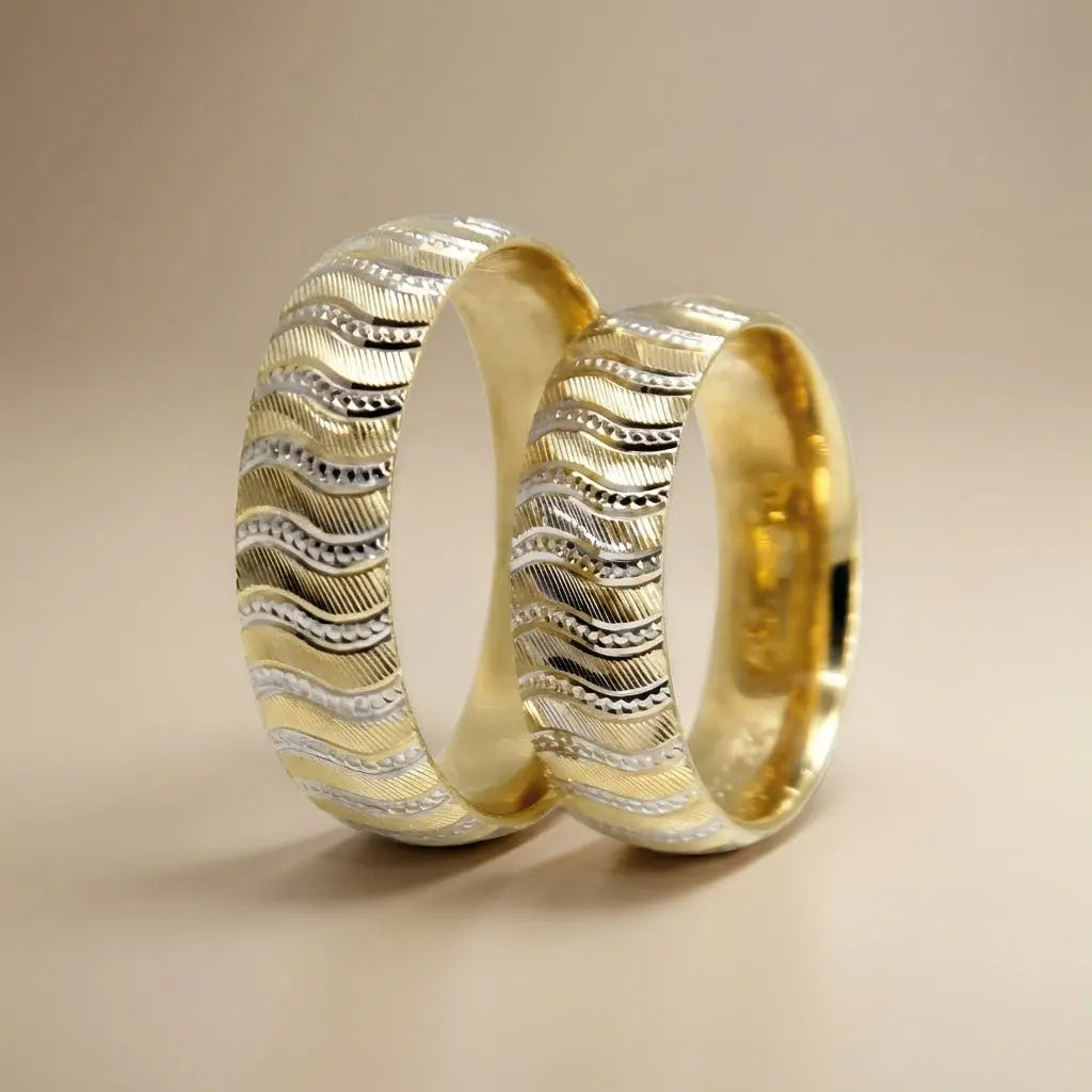 Majestic Wave Diamond - Cut Two - Tone 14K Gold Wedding Band — 6mm - Majestic Jewellery