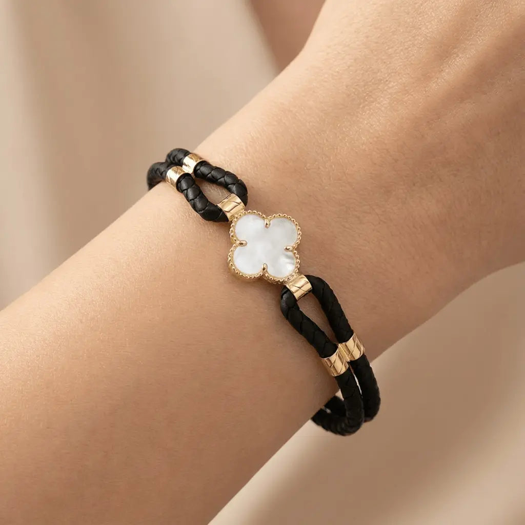 Mother of Pearl Clover Braided Gold Bracelet - Majestic Jewellery