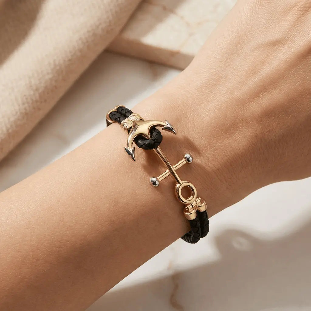 Nautical Anchor with Double Braided – gold bracelet in solid 14ct/14K gold by Majestic Jewellery