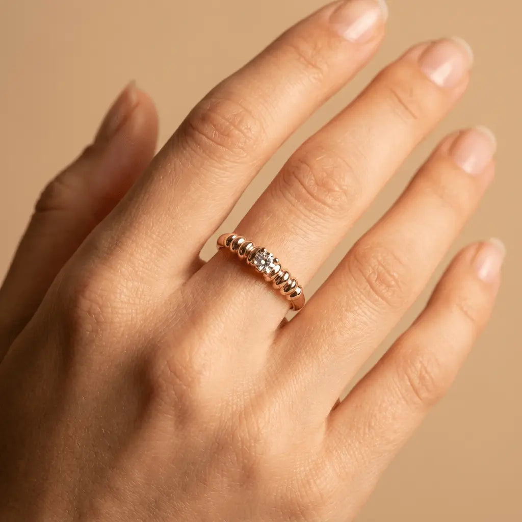 Radiant Beaded Solitaire Gold Ring - Majestic Jewellery