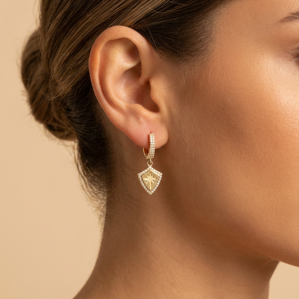Radiant Shield Pavé Drop Earrings – 14K Better Gold Starburst Charm Earrings