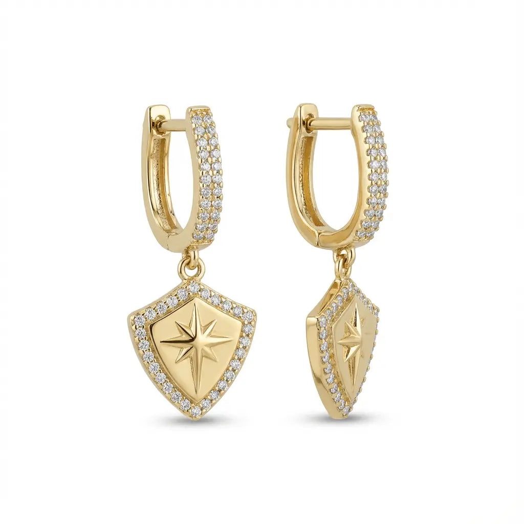 Radiant Shield Pavé Drop solid gold earrings by Majestic Jewellery