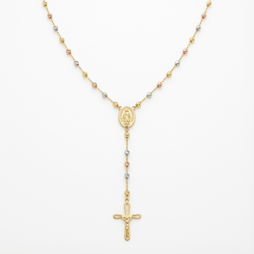 Tricolor Rosary-Style Gold Necklace