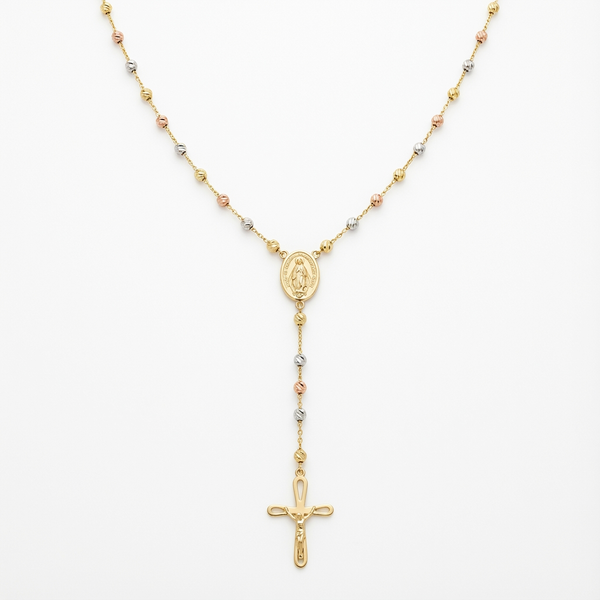 Tricolor Rosary-Style Gold Necklace