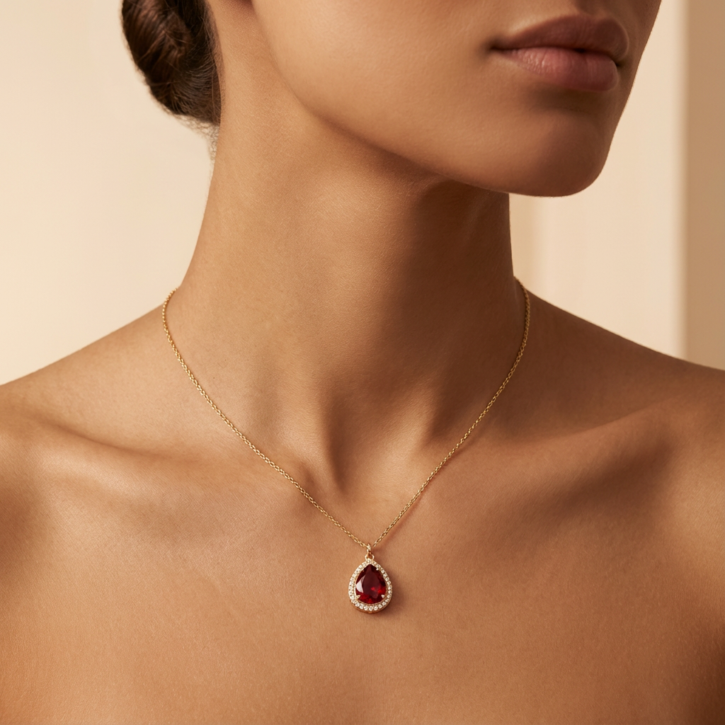 Ruby Glow Teardrop Gold Necklace – 14K Better Gold Halo Pendant