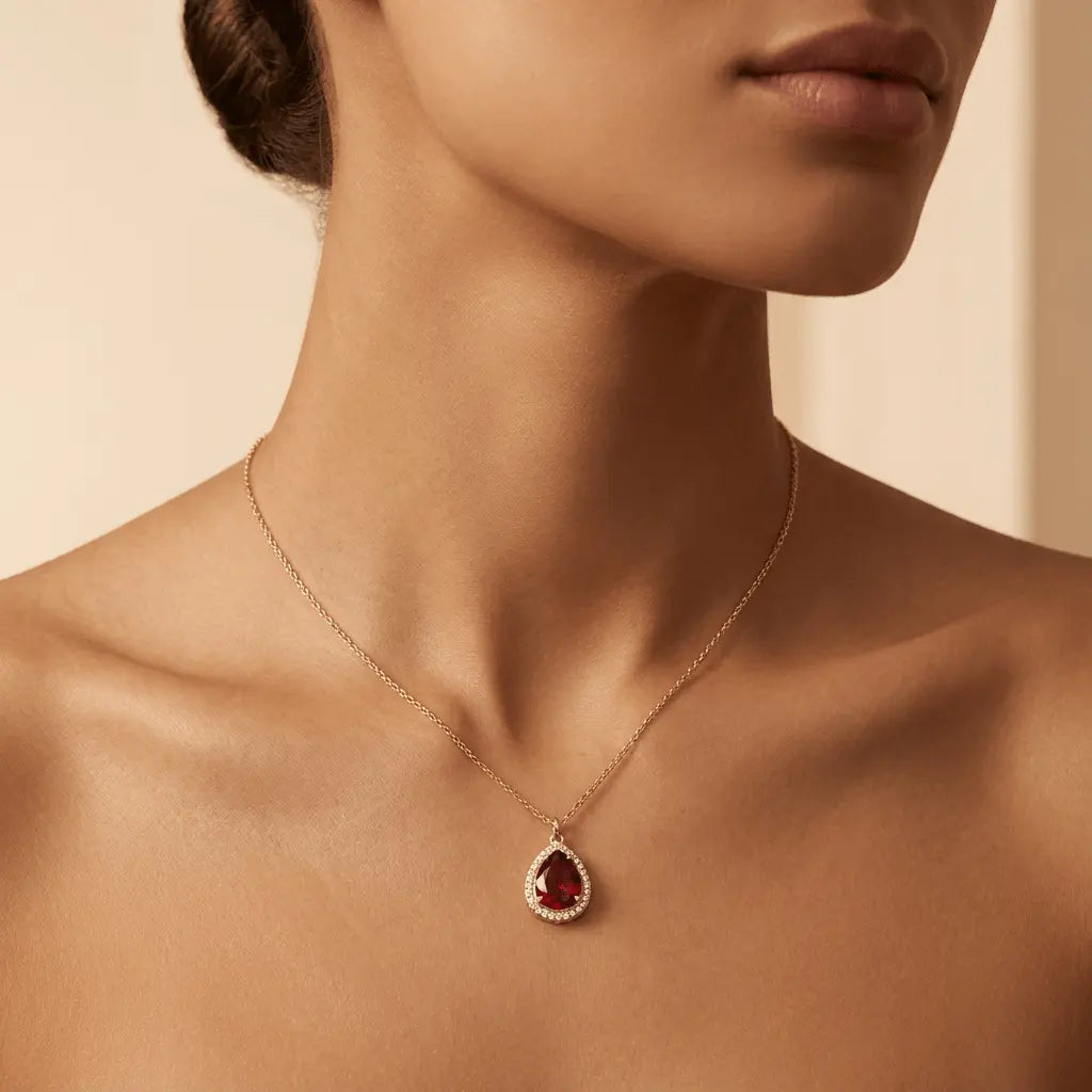 Ruby Glow Teardrop Gold Necklace - Majestic Jewellery