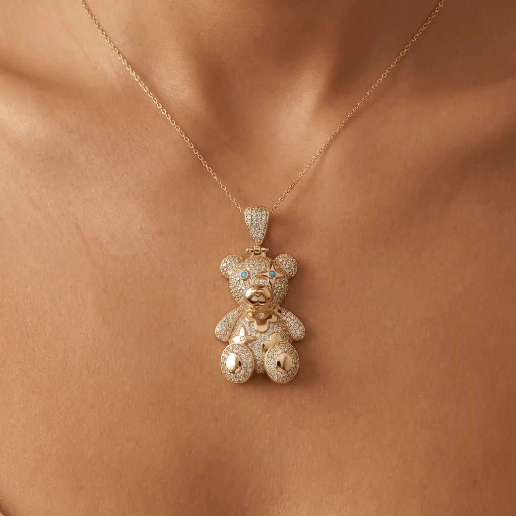 Teddy with Sparkling Stones – gold necklace in solid 14ct/14K gold by Majestic Jewellery