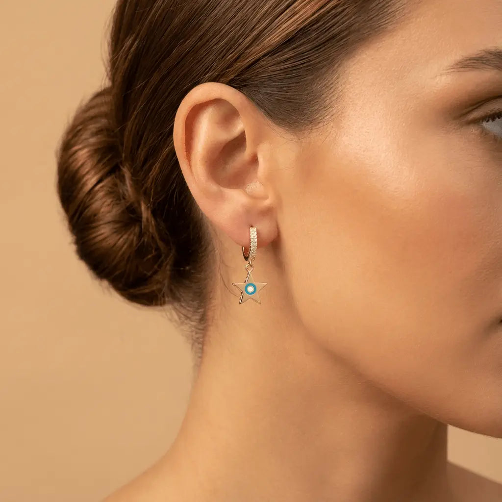 Star Charm Hoop with Turquoise Detail solid gold earrings by Majestic Jewellery