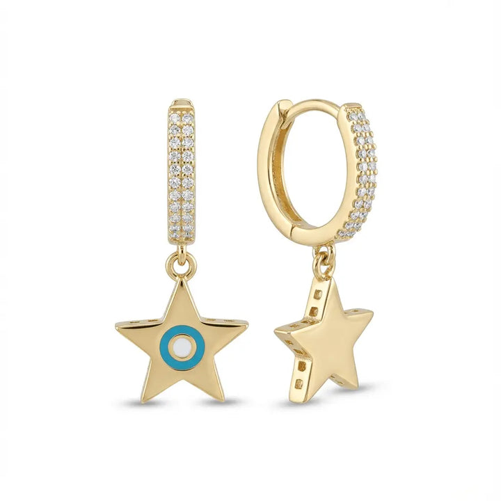 Star Charm Hoop with Turquoise Detail solid gold earrings by Majestic Jewellery