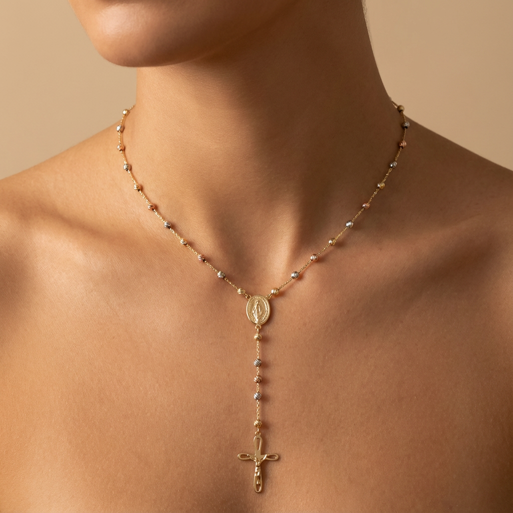 Tricolor Rosary-Style Gold Necklace – 14K Better Gold Medallion & Cross Design