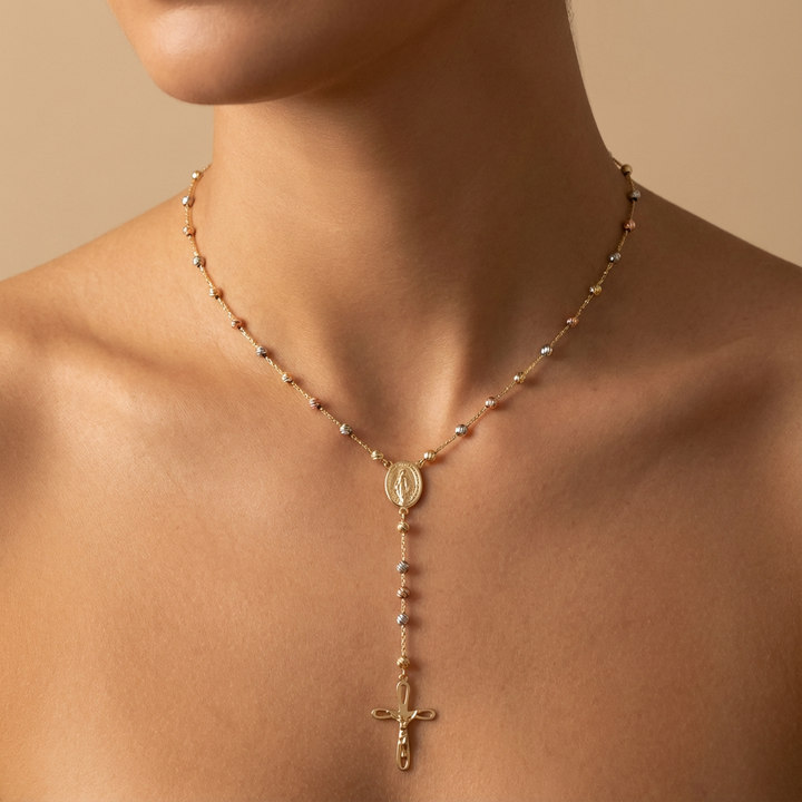 Tricolor Rosary-Style Gold Necklace – 14K Better Gold Medallion & Cross Design