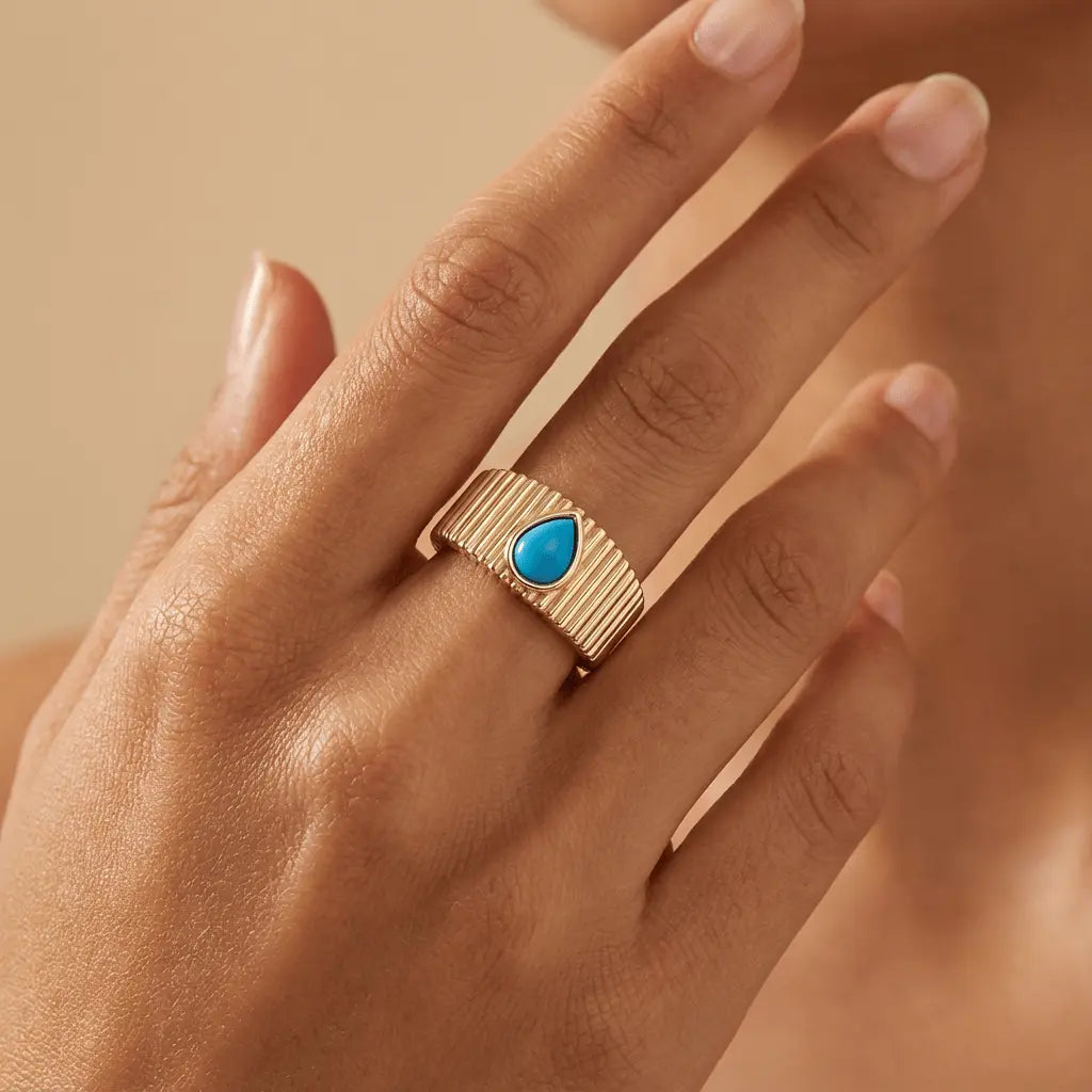 Turquoise Drop Textured – turquoise gold ring in solid 14ct/14K gold by Majestic Jewellery