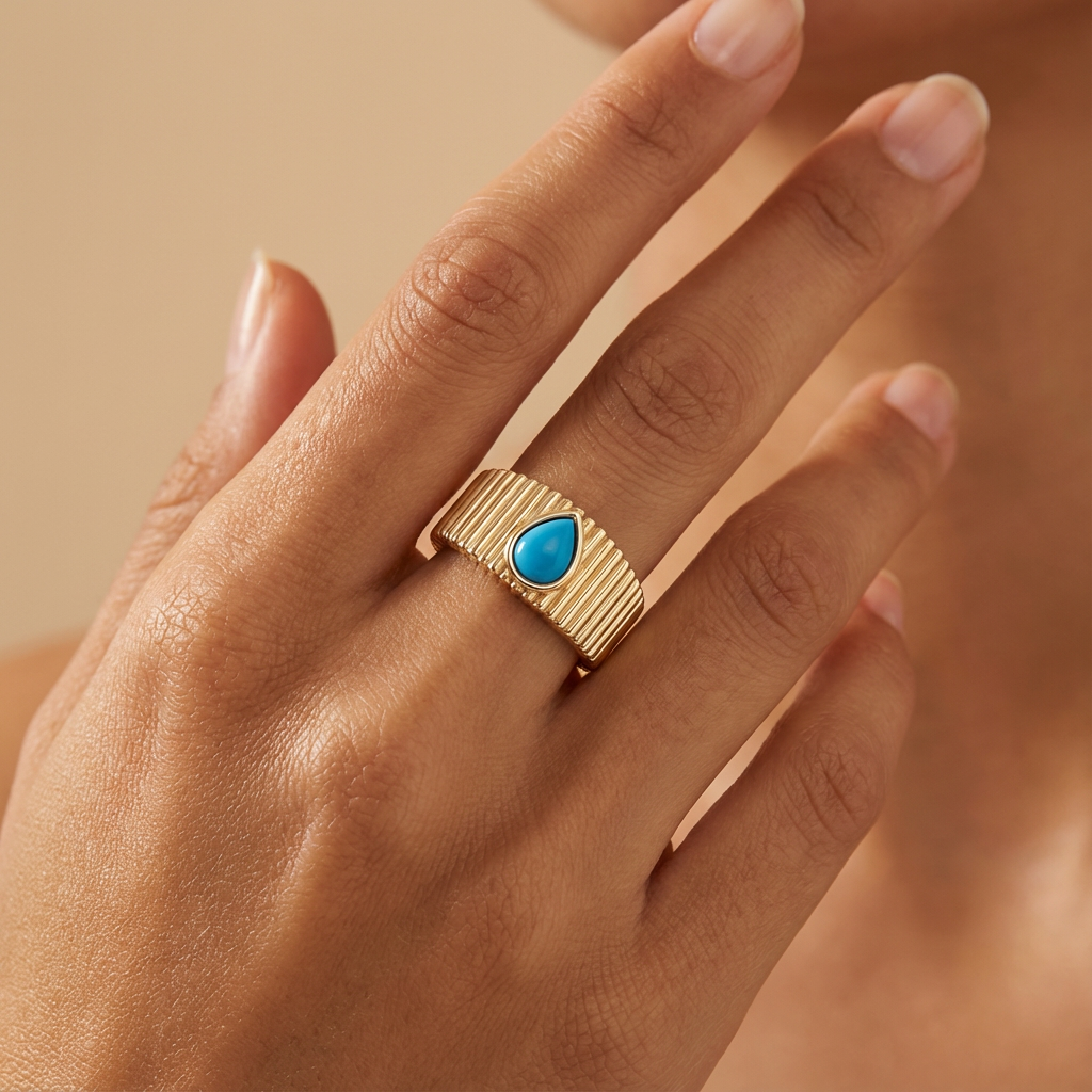 Turquoise Drop Textured Gold Band – 14K Better Gold Ribbed Ring