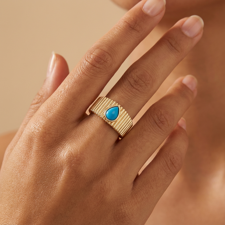 Turquoise Drop Textured Gold Band – 14K Better Gold Ribbed Ring