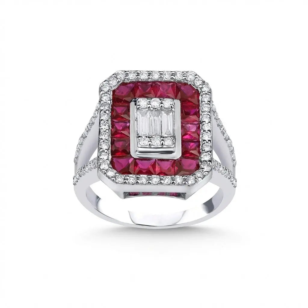 Ruby & Diamond Halo Statement solid diamond ring by Majestic Jewellery