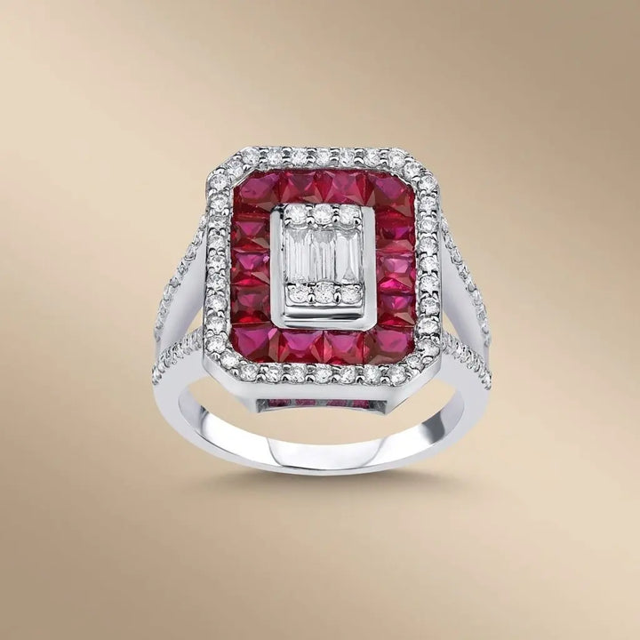 Ruby & Diamond Halo Statement solid diamond ring by Majestic Jewellery