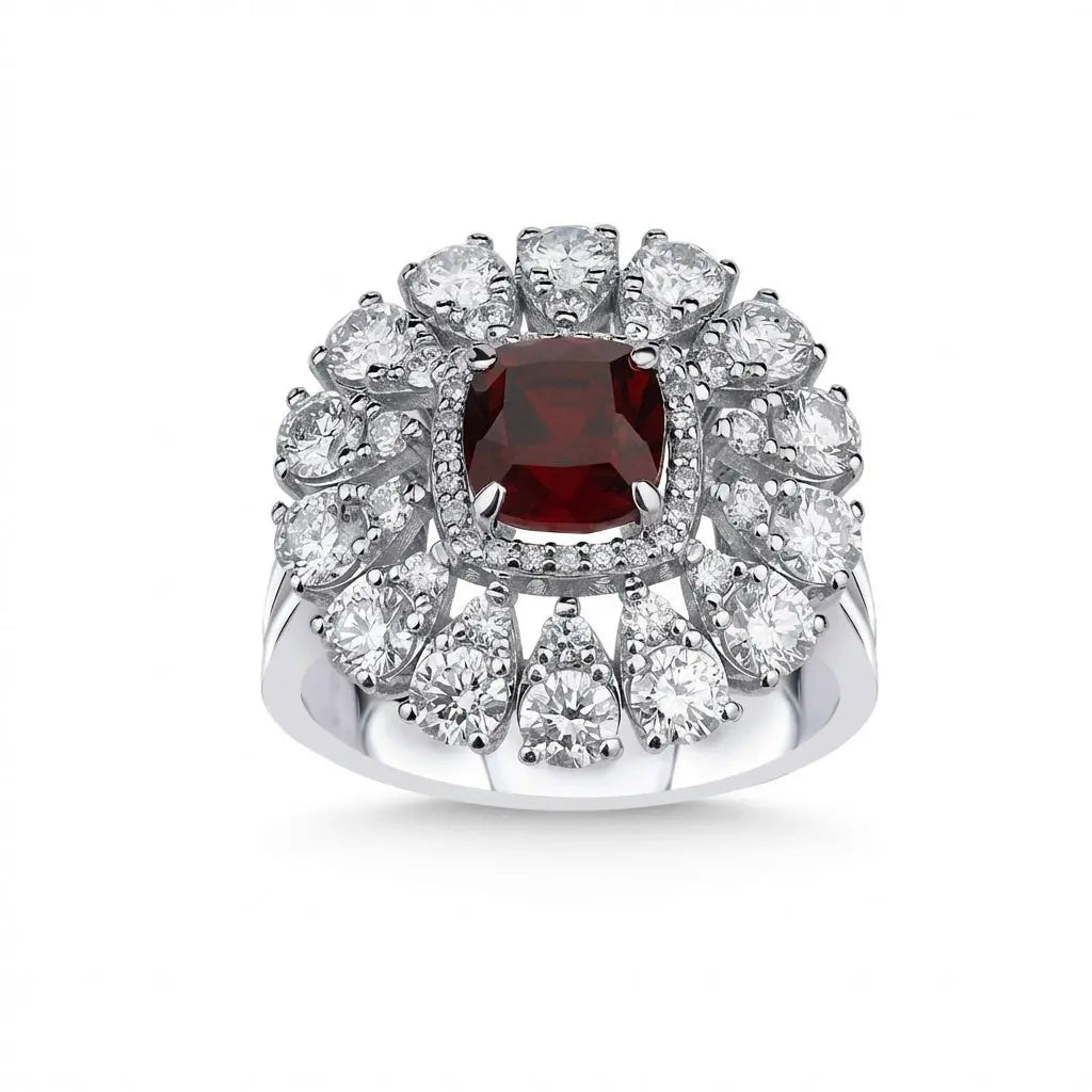 Ruby & Diamond Floral Halo Ring — 14K White Gold - Majestic Jewellery