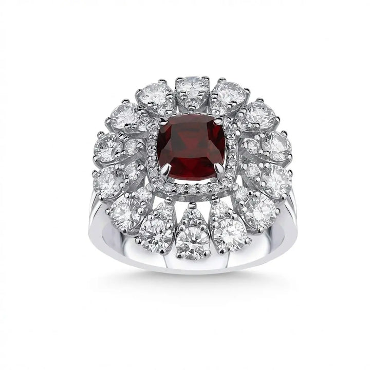 Ruby & Diamond Floral Halo solid diamond ring by Majestic Jewellery