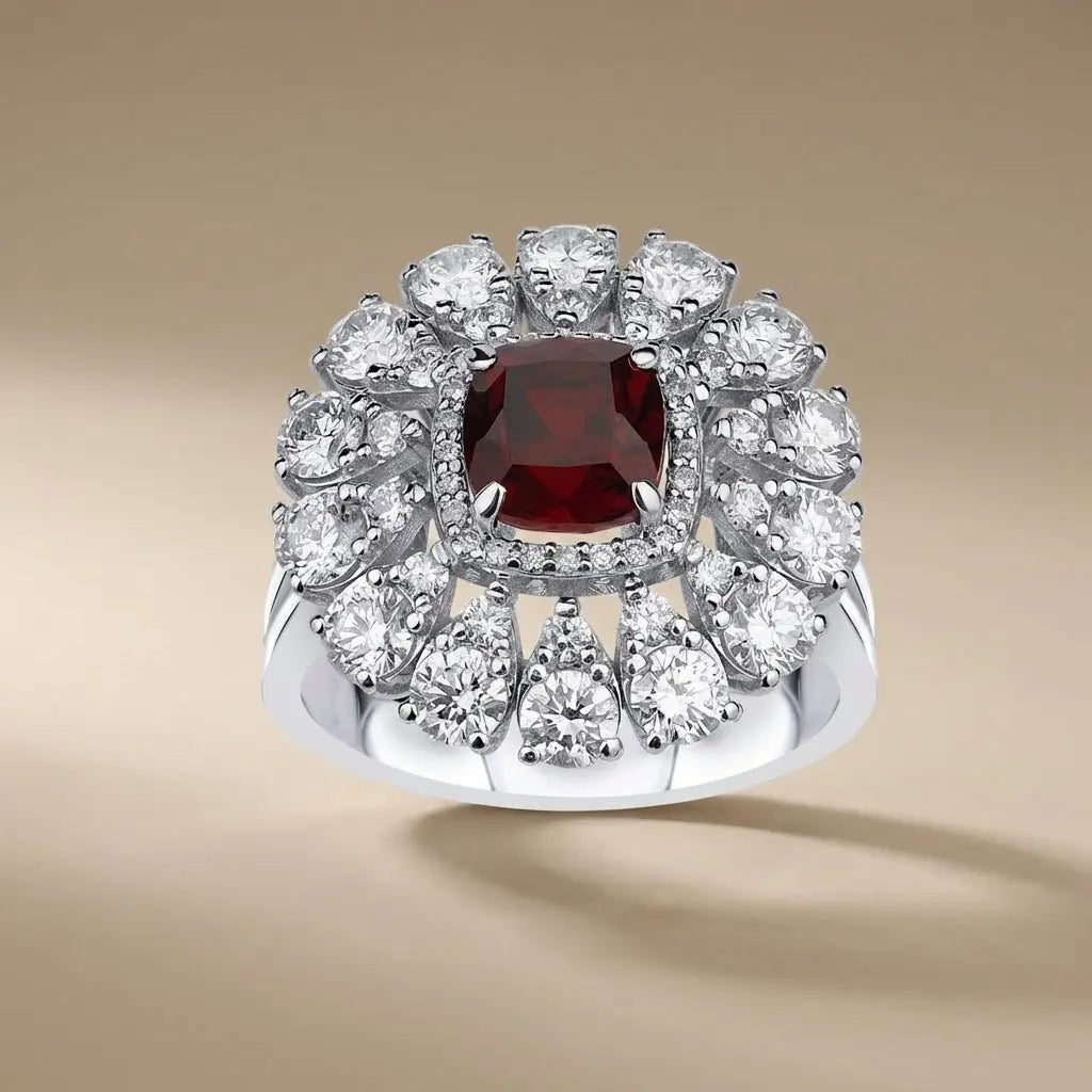 Ruby & Diamond Floral Halo Ring — 14K White Gold - Majestic Jewellery