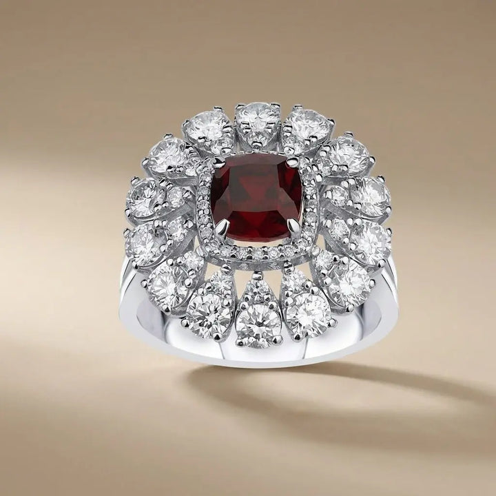 Ruby & Diamond Floral Halo solid diamond ring by Majestic Jewellery