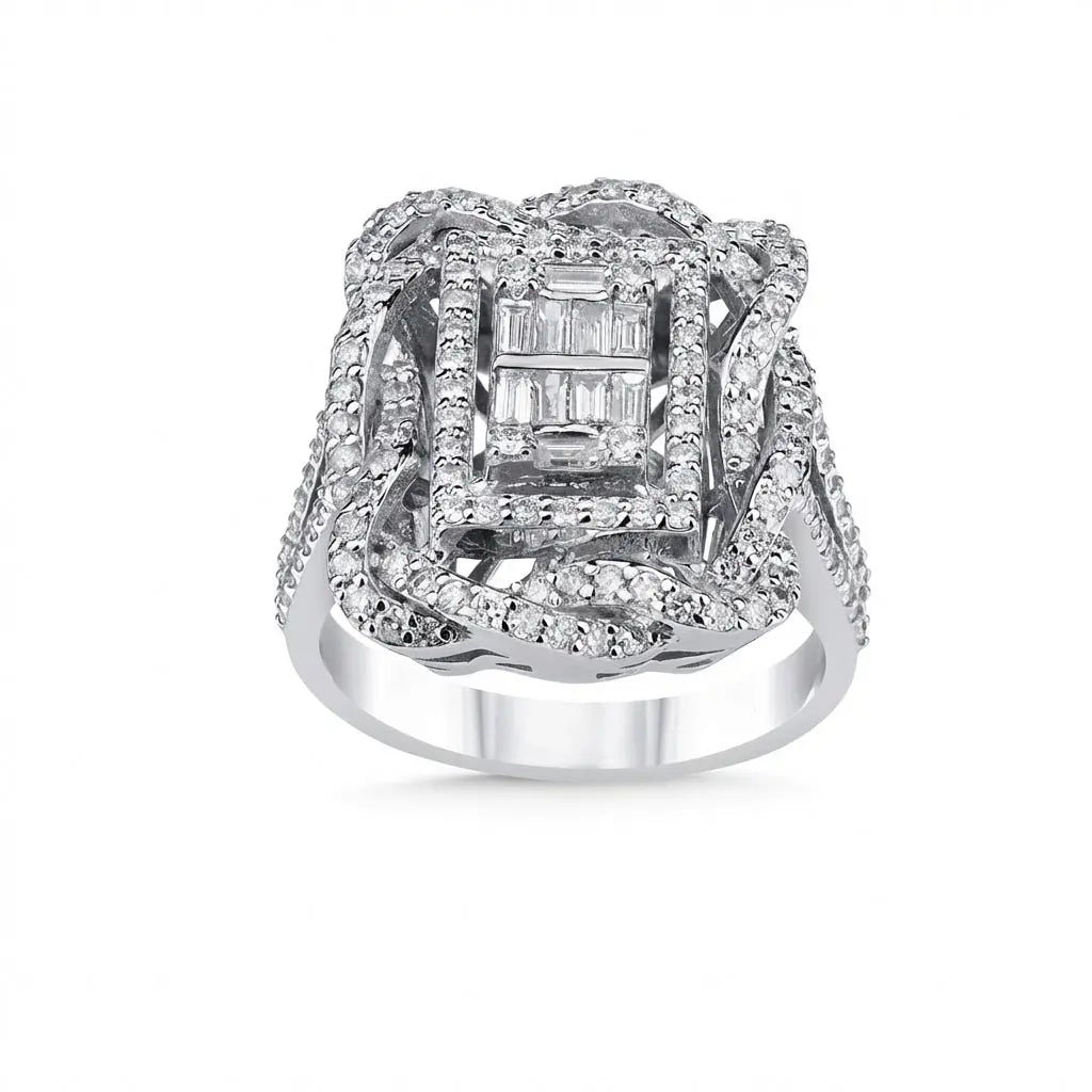 Luxury Baguette & Pavé Diamond Statement Ring — 14K White Gold - Majestic Jewellery