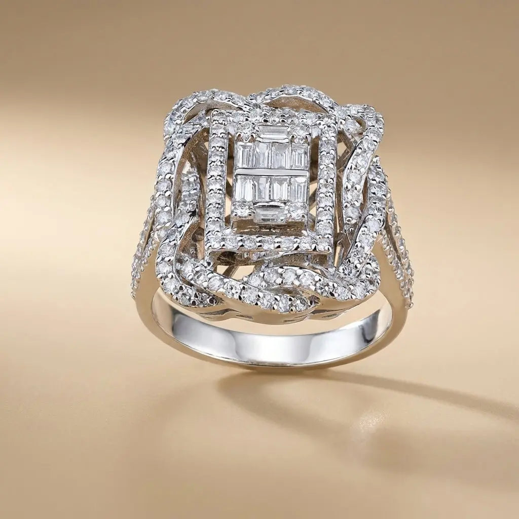 Luxury Baguette & Pavé Diamond Statement Ring — 14K White Gold - Majestic Jewellery